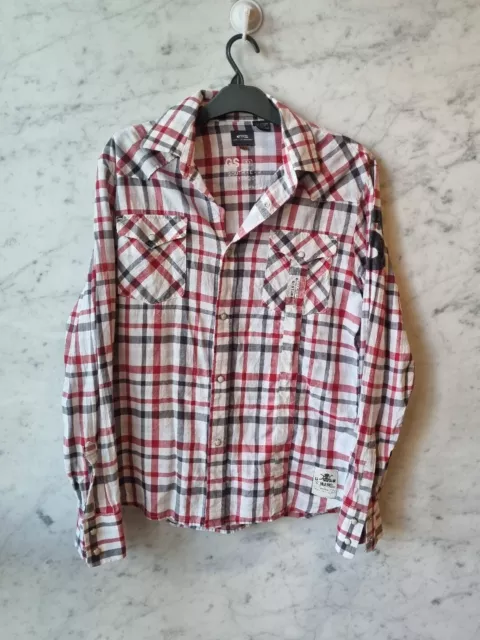 GStar Mens Shirt Large L Long Sleeve White Red Grey Checkered Stripes Button Up