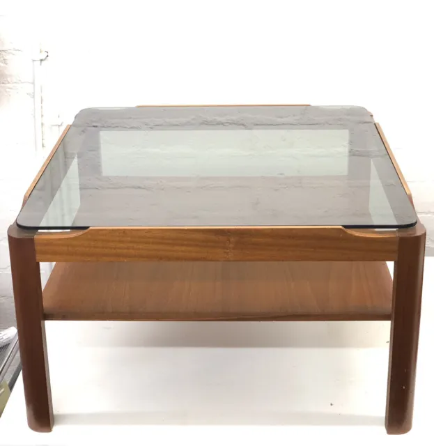 Vintage Mid-Century Modern Myer Teak Square Coffee Table with Smoked Glass Top