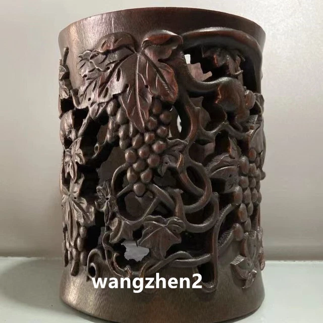 Chinese Wood brush pot Bamboo carving Pen holder Hollow Grapevine Pattern 15.5cm