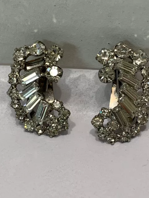Vtg 60s Crystal Earrings Clip On 1 1/2” Hugger Round & Baguette Stones Prong Set