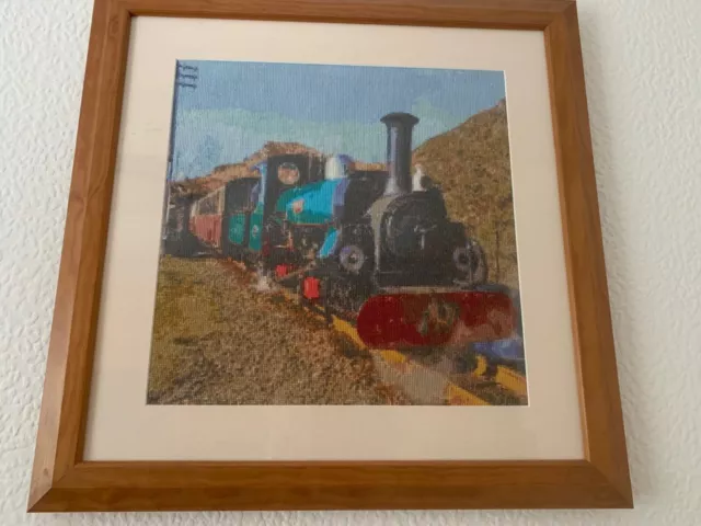 Ffestiniog Railway loco Linda framed 14 count cross stitch picture.