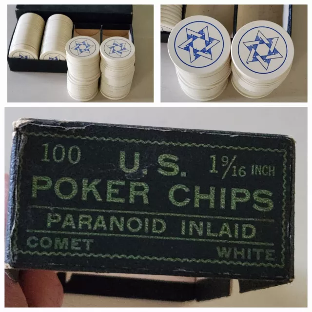 Vintage Paranoid Inlaid Isreal Jewish Clay White Blue Star 100 US Poker Chips