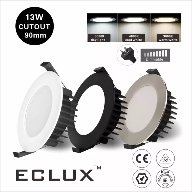 13W 90mm LED Downlight With Dimmable Warm/Cold/Daylight Flat Black/White/Chrome