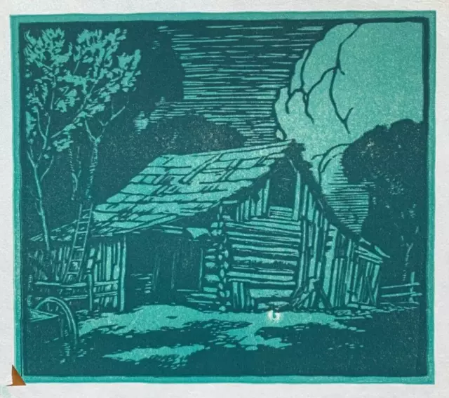 Vintage Arts & Crafts woodblock print Brown County listed Mission Stickley era