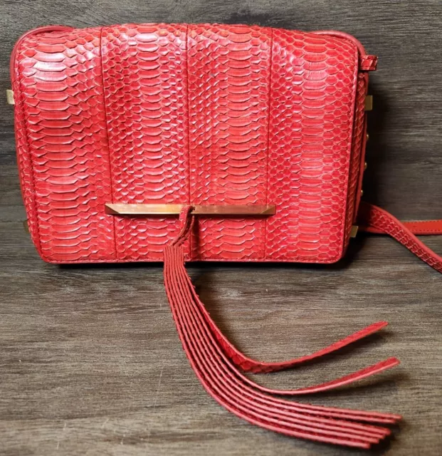 Brian Atwood Red Snakeskin Leather Purse Bag Adjustable Crossbody Strap Tassel