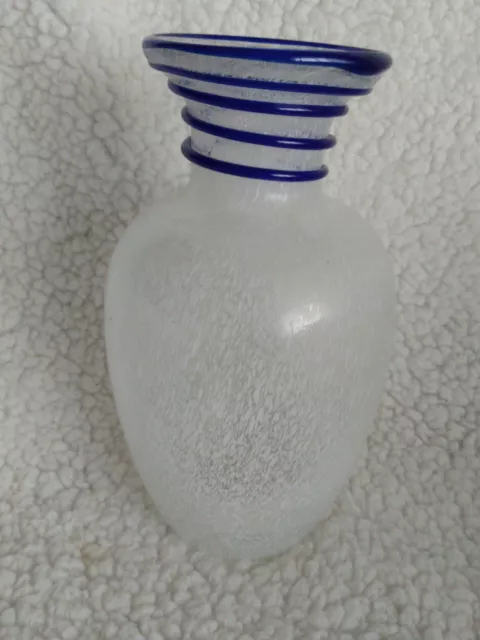NORCREST Vintage  Hand Blown Art Glass Vase White Speckled Cobalt Ribbon JAPAN