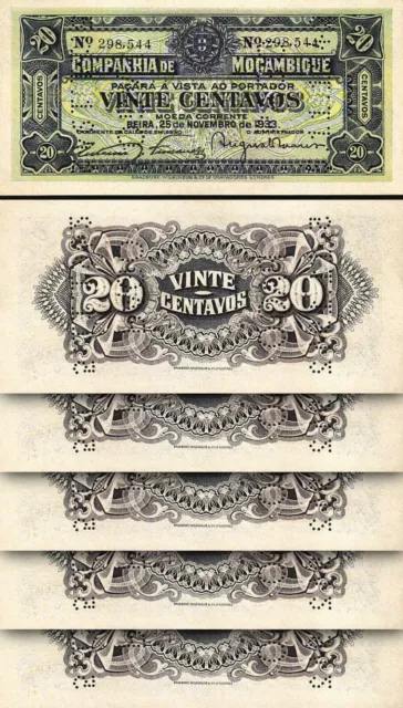 Mozambique 20 Centavos 1933, AUNC UNC, 5 Pcs LOT, Consecutive, P-R29, Perforated