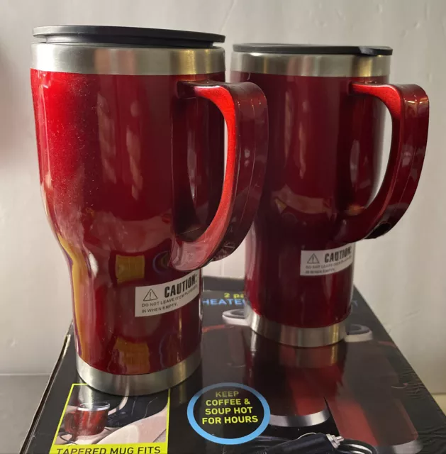 Sharper Image 2 Pack Stainless Steel Heated Travel Mug Set Red 14oz 12V