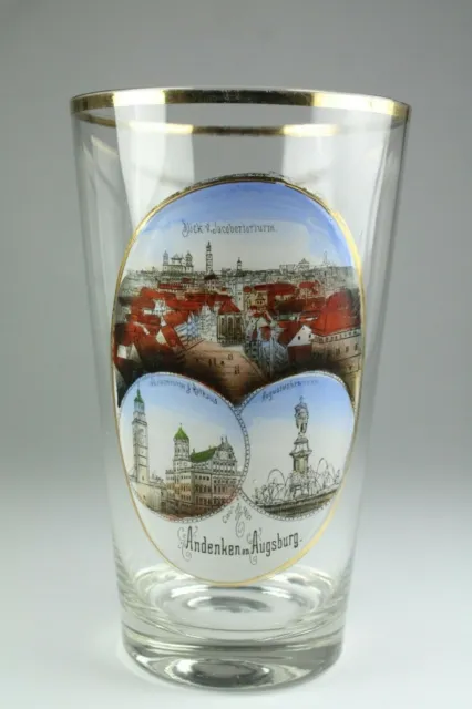 Bierglas Andenkenglas Augsburg Emailemalerei 10/20 L geäzter Eichstrich um 1920 2