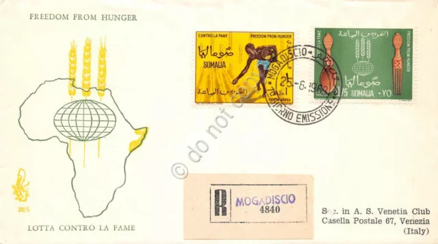 FDC Venetia - Somalia 1963 - Lotta contro la Fame - raccomandata Mogadiscio