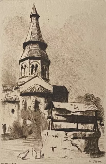 Église de Néris-les-Bains pointe sèche  Charles Jaffeux 1902-1940) c 1932 Allier