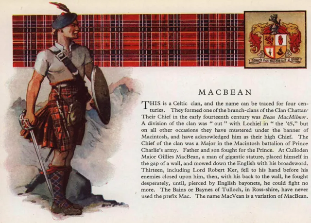 MacBean. Scotland Scottish clans tartans arms 1957 old vintage print picture