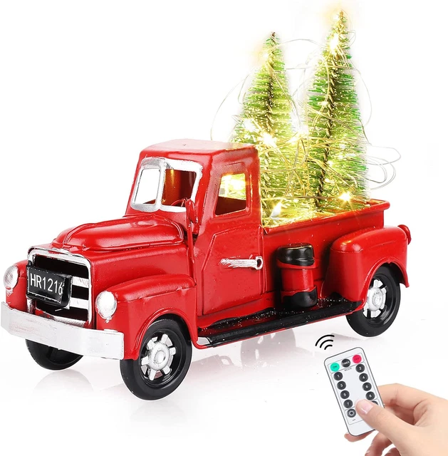 Fowecelt Christmas Red Truck Decoration - Xmas Vintage Pickup Truck with 2 Pine