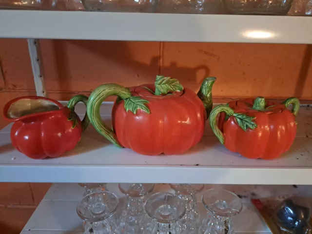 Vintage Pumpkin Set Tea Pot, Creamer, and Sugar Bowl