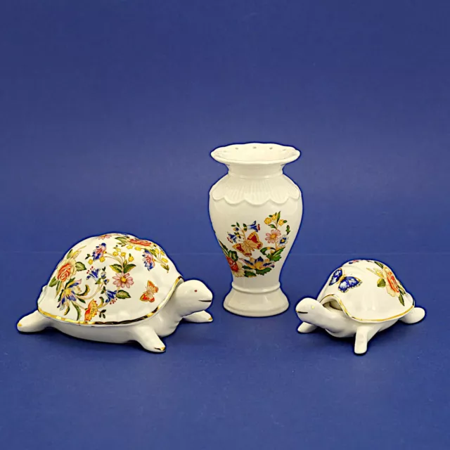 Two Aynsley Cottage Garden Fine Bone China Tortoise Trinket Boxes & Vase