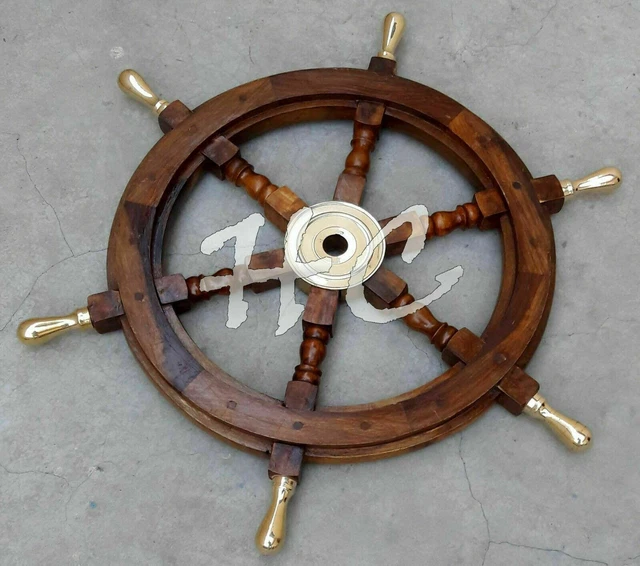 24'' Brass Six Spoke Ship Wheel Wooden Stripe Steering Captain Boat Pirate Brown