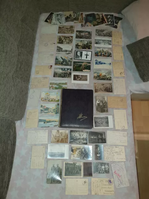 Altes Postkartenalbum, mit 213 Postkarten und 8 Fotos. Lithographie, 1 Weltkrieg