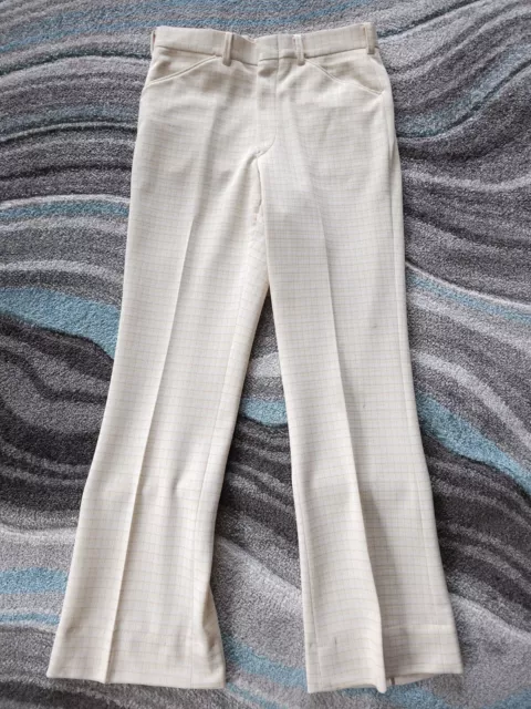 Vintage 60s 70s Polyester Pants Mens 30 X 30 Plaid Yellow Ivory Disco