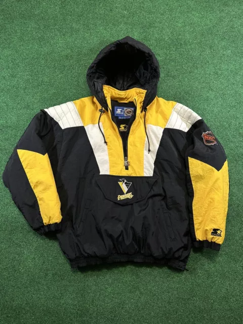 Vtg Pittsburgh Penguins Starter Hooded Puffer Pullover Jacket Sz L NHL Hockey