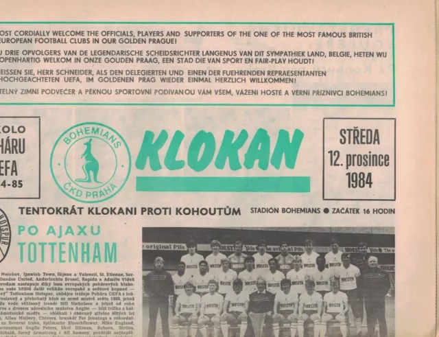 BOHEMIANS PRAGUE v TOTTENHAM HOTSPUR UEFA CUP 84-85
