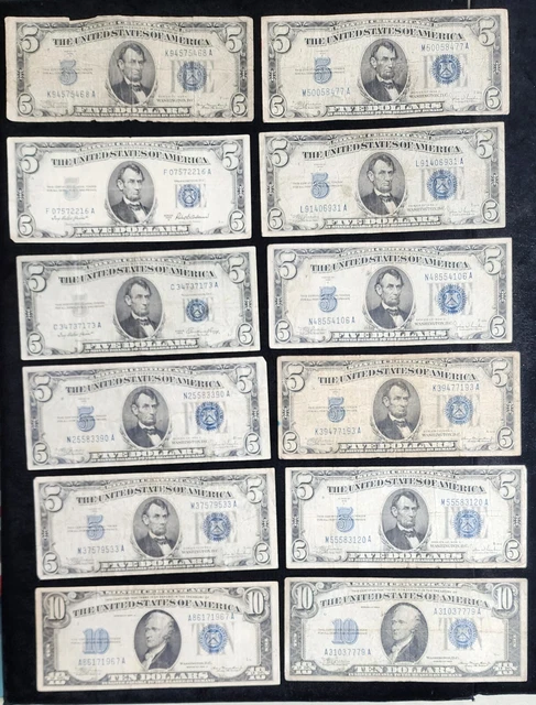 Silver Certificates Lot of 12 1934 1953 Blue Seals $5 and $10 $70 Face