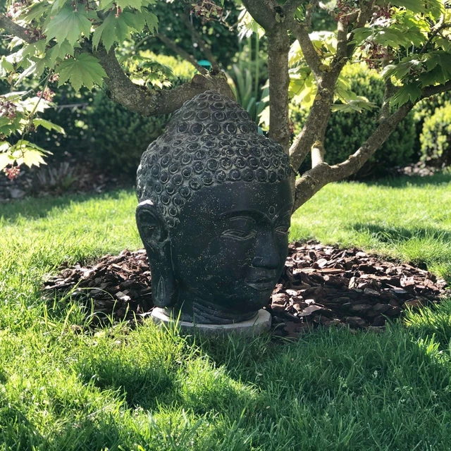 BUDDHA KOPF BÜSTE 50cm Steinfigur Deko Garten Steinguss schwarz antik