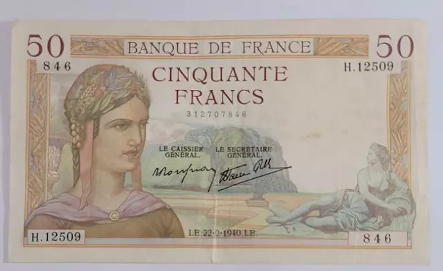 50 Francs 1940 France Crisp Vf