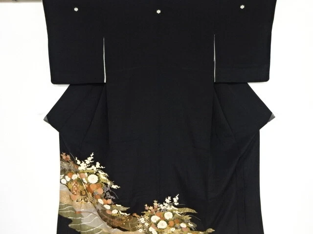 42297# Japanese Kimono / Antique Tomesode / Embroidery / Floral Cart & Mist