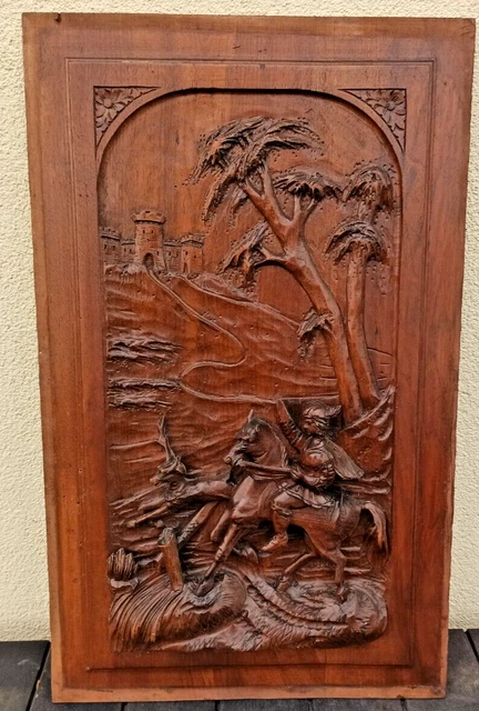 26"  French Antique Architectural Horse Castle Knight Tree Panel Door Solid Oak