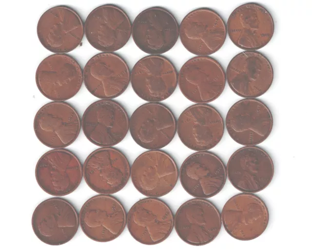 Mixed Half Roll (25 coins) of 1917/1919/1920 Lincoln Wheat Cents. Good/VG.