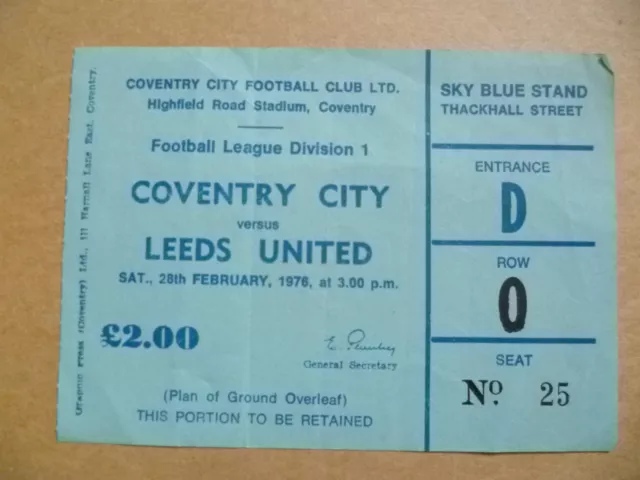 Ticket- 1976 COVENTRY CITY v LEEDS UNITED, 28 Feb, League Division One