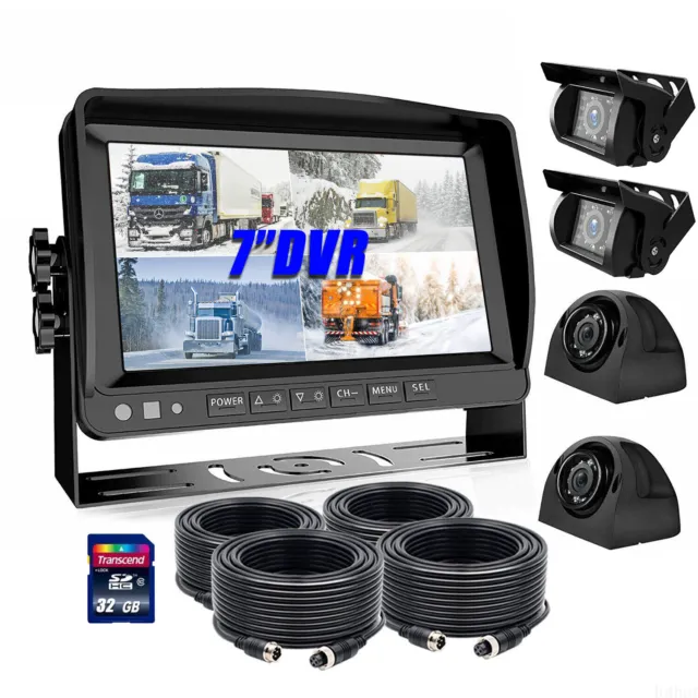 7" Quad Monitor DVR Recorder Side/Rear View Backup Camera*4 for Truck Trailer RV