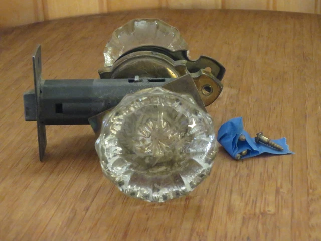 Antique / Vintage ~  12 Point Crystal Clear Glass & Brass Door Knobs Assembly 3