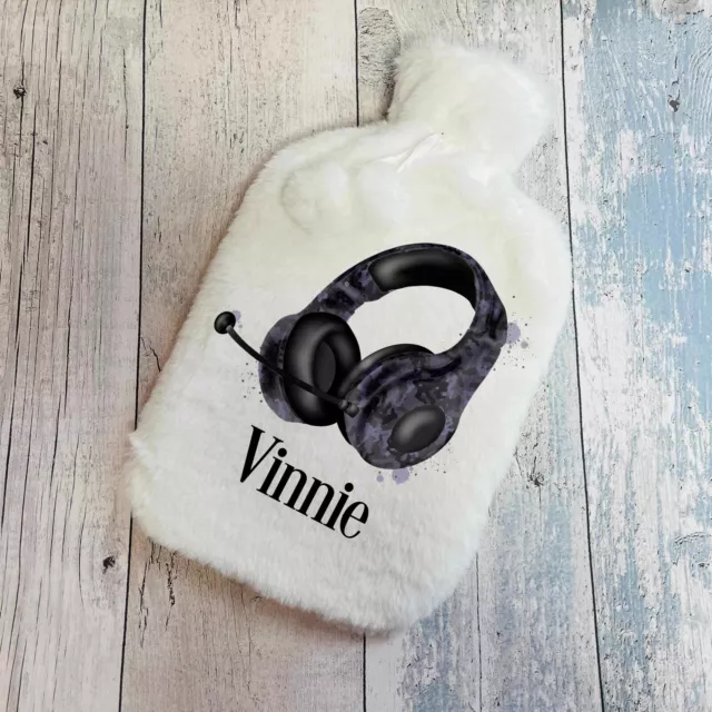 Personalised Hot Water Bottle Faux Fur Cover Gaming Headset Gift