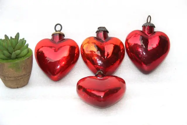 4Pc Vintage Look Red Heart Shape 4'' Glass Kugel Christmas Ornaments Heavy 15312