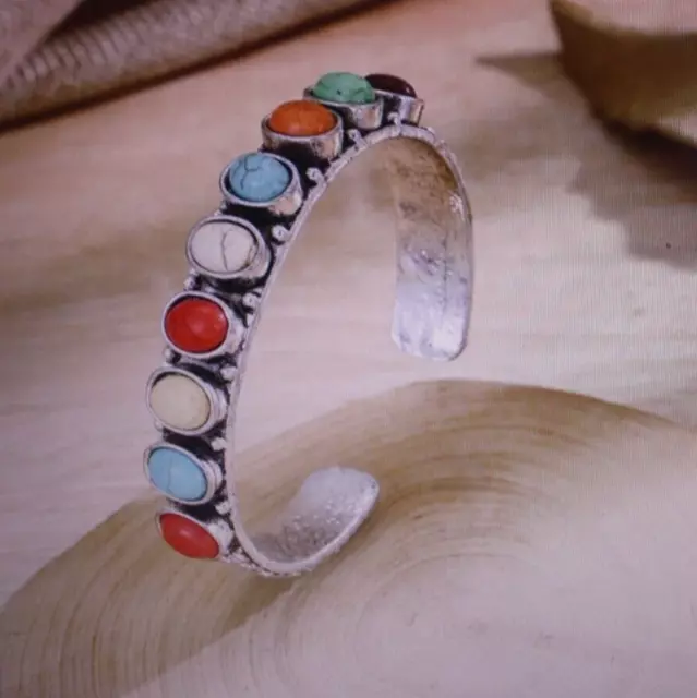 Boho Chakra Cuff Silver Bracelet Vintage Style Jewelry Ethnic Multi-Color Stones