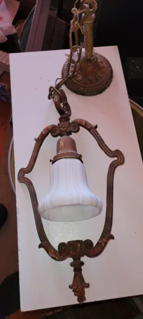 Antique Hanging Pendant Ceiling Light Fixture iron & Brass milk glass shade