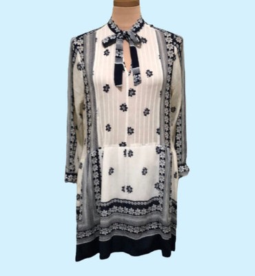 Sea New York Dress Size 2 White Navy Blue Floral Silk Cotton Long Sleeve