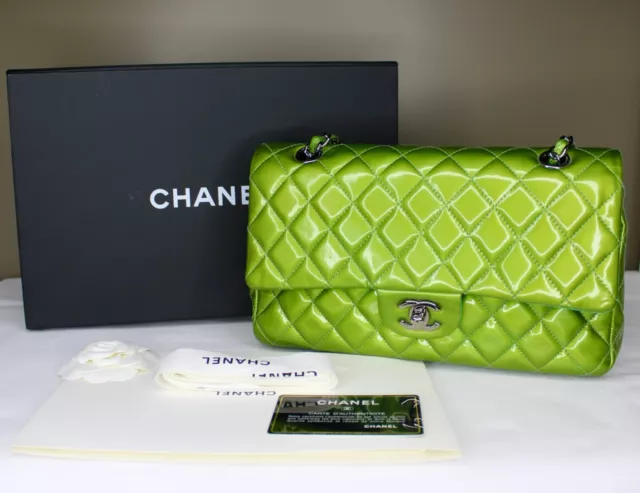 CHANEL GREEN QUILTED Patent Leather Mini Square Classic Flap Bag