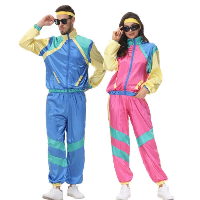 Retro Couples 80s Tracksuit Shell Suit Costume Hip Hop Disco Party Fancy Dress