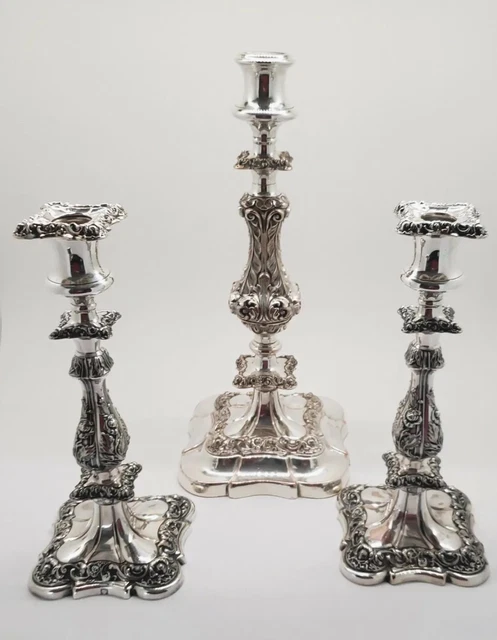 Lot of 3 Antique English American Ornate Ellis-Barker Silver Plate Candlesticks