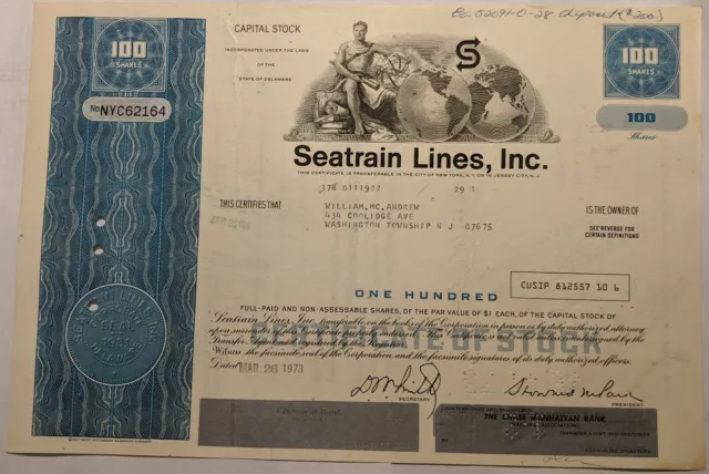 Seatrain Lines Inc. 100 Shares Stock Certificate 1973 (E-4)