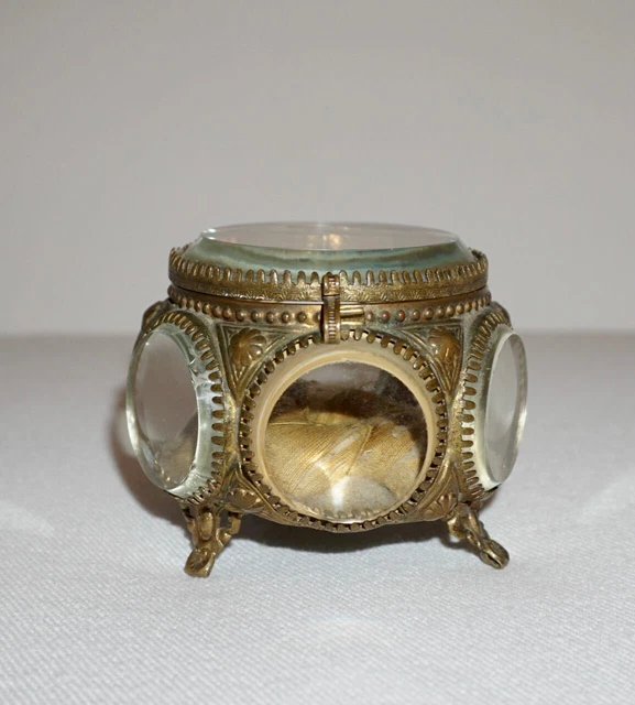 Antique Vintage French Brass Beveled Glass Jewlery Box