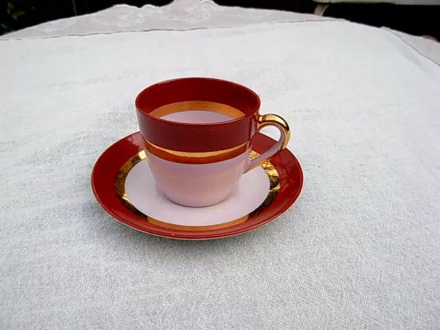 tasse à café brique doré or fin porcelaine Limoge ancien signé PL made in France