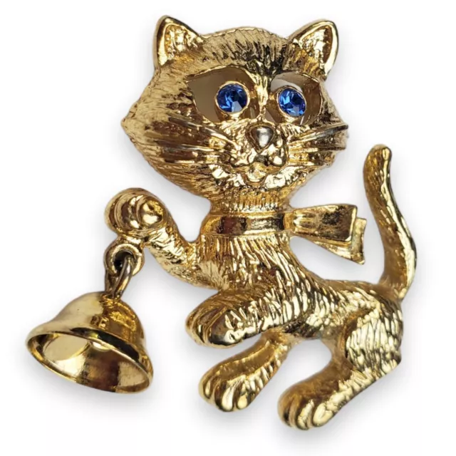 Avon Frisky Kitty Brooch Vintage 1974 Cat Bell Pin Rhinestone Brushed Gold Plate