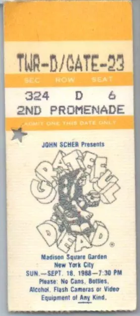 Grateful Dead Mail Order Ticket September 18 1988 Madison Square Garden NY