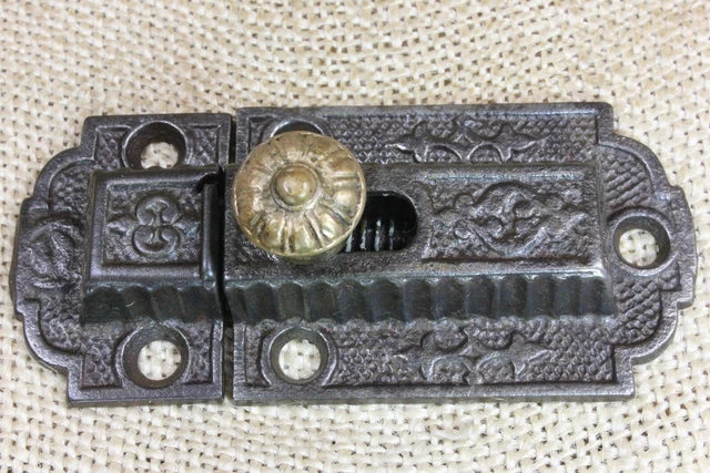 Old Cabinet Catch Jelly Cupboard Latch Solid Brass Knob 1800’s Vintage Cast Iron