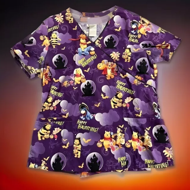 WOMENS Disney Pooh "HAPPY HAUNTING" PURPLE HALLOWEEN SCRUBS TOP SIZE M EUC