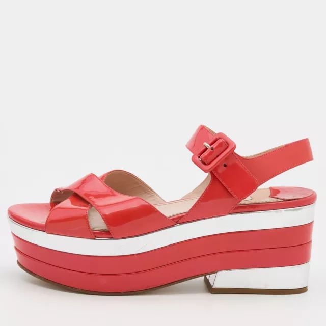 Miu Miu Coral Red Patent Leather Wedge Platform Ankle Strap Sandals Size 40