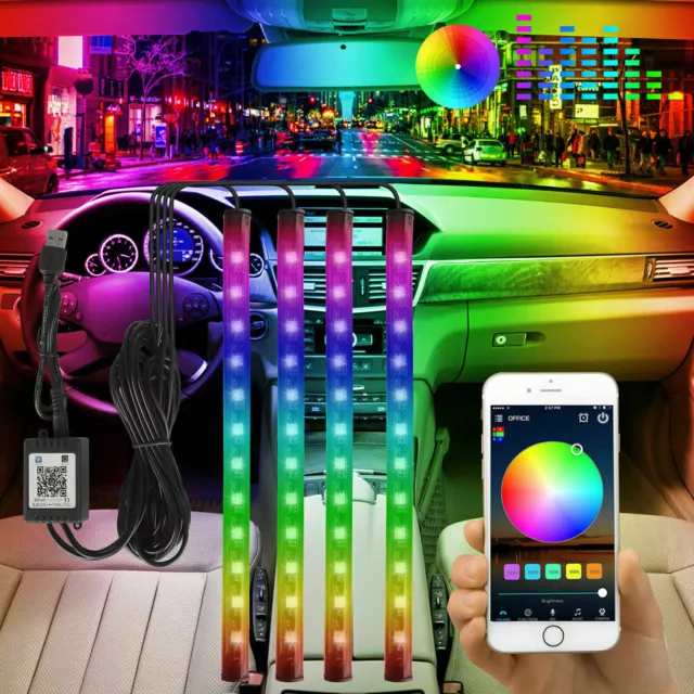 4pcs 48 LED RGB Car Interior Atmosphere Lights Strip Bluetooth APP Music Control